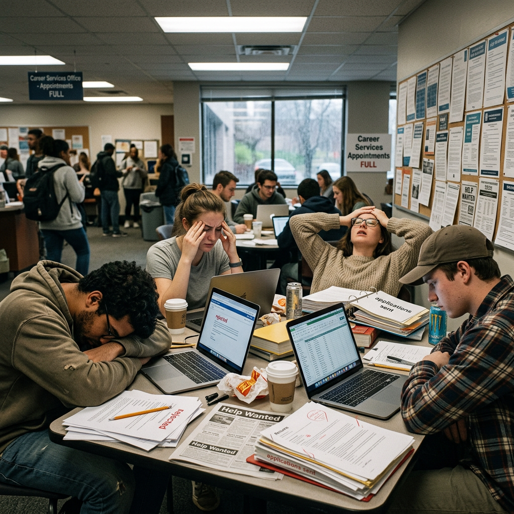 Group of students at a table looking stressed with laptops, job applications, and coffee
