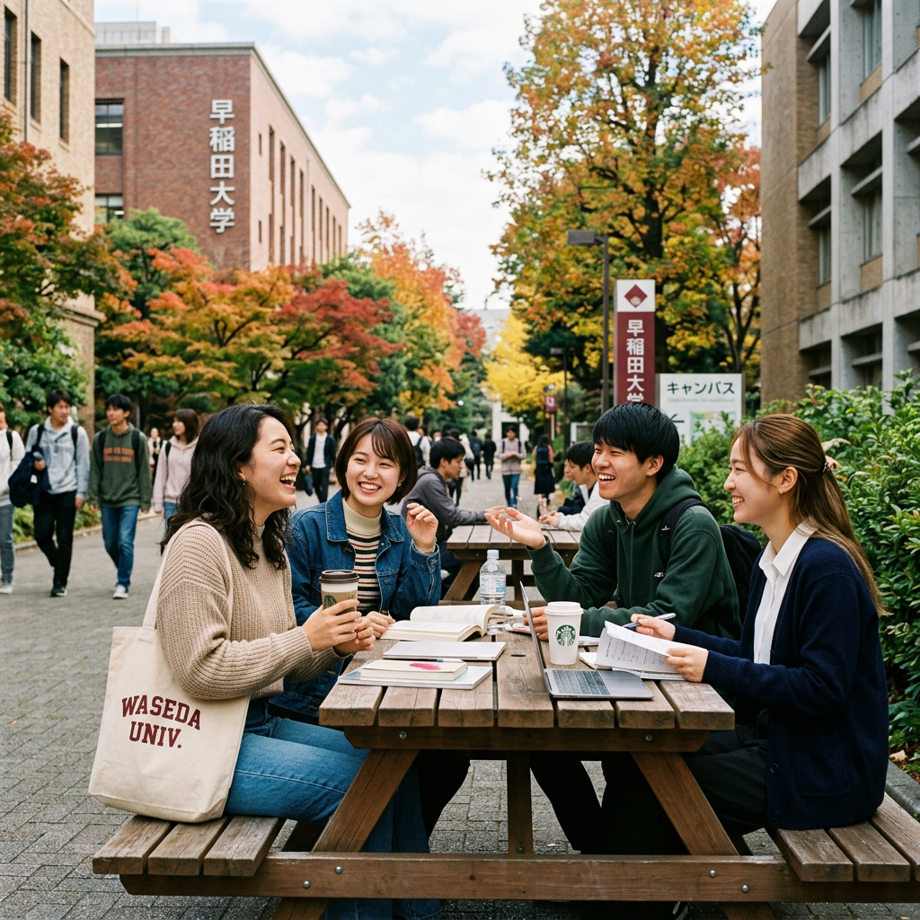 Four students studying together outside on a wooden picnic table at Waseda University campus with autumn foliage