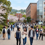 Students walking and socializing on a university campus path with cherry blossom trees